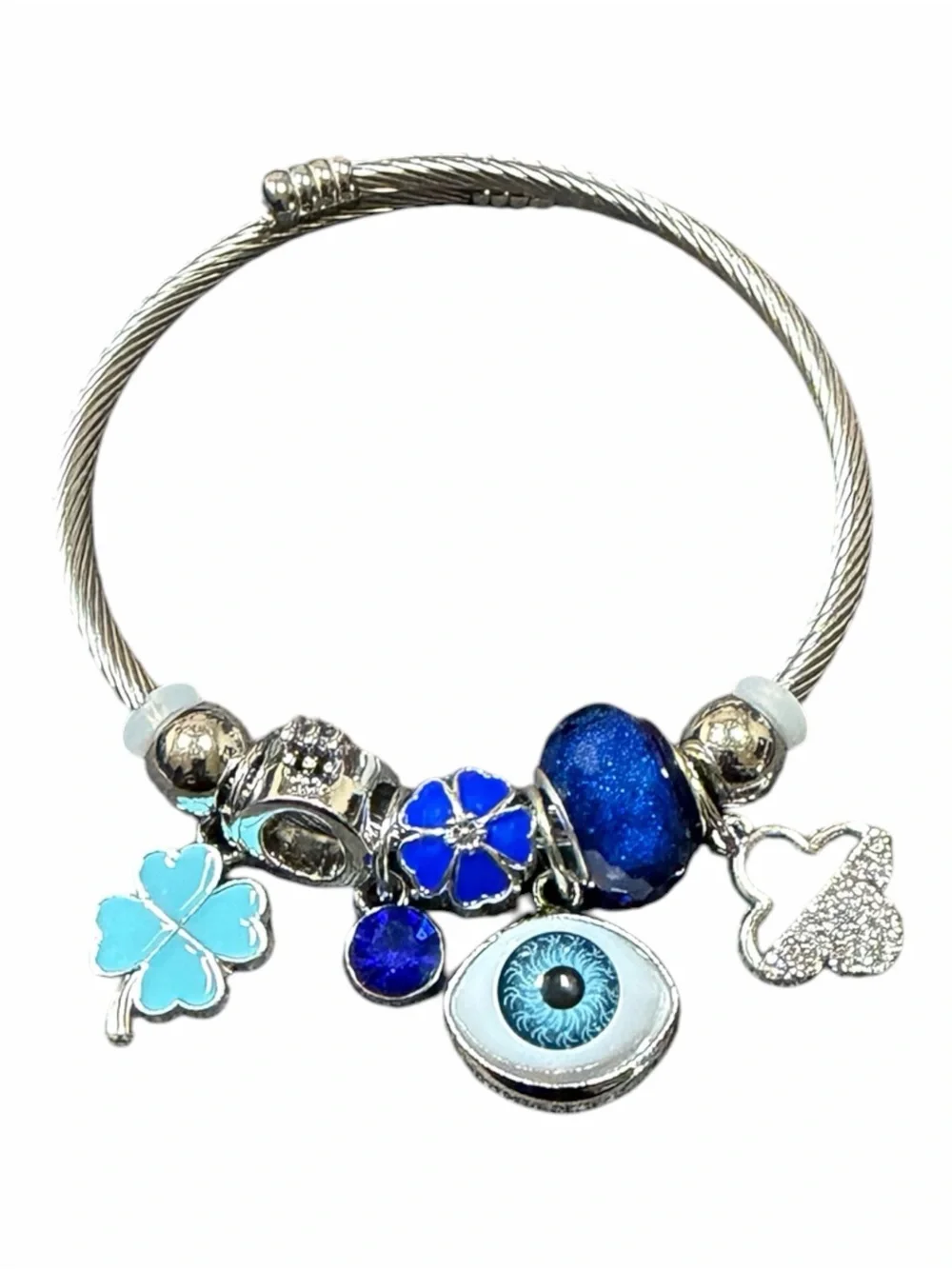Silver Charm Twisted Bangle with Blue Eye and Blue Floral Charms